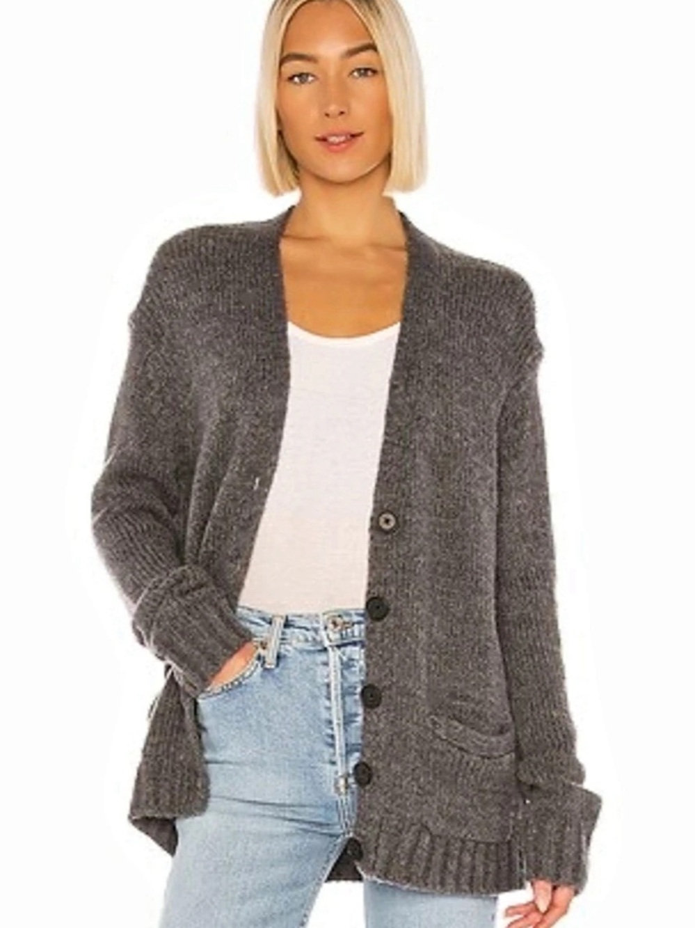 RE/DONE 90’s Knit Button-Front Cardigan in Charcoal Gray Size Small
